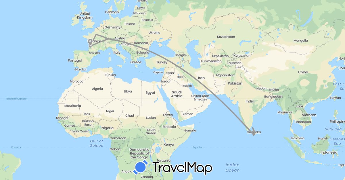 TravelMap itinerary: driving, plane in Switzerland, France, Sri Lanka (Asia, Europe)